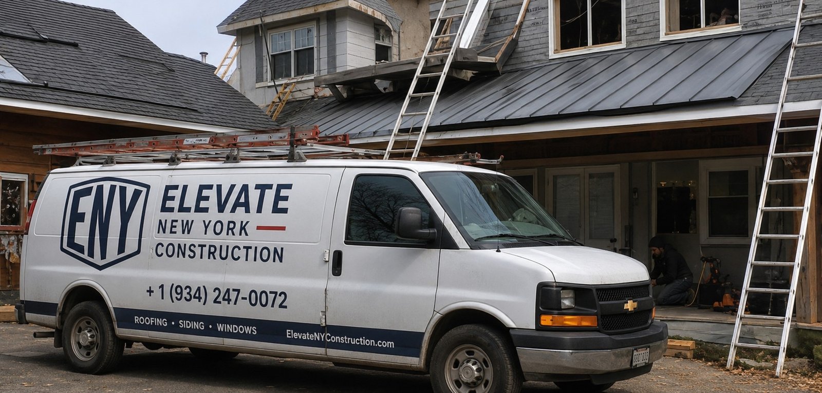 Elevate New York Construction work van with the company logo and phone number at a residential site